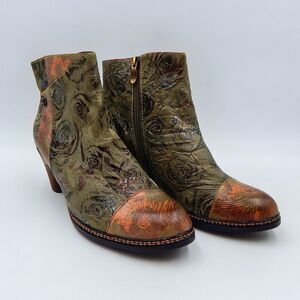 Spring Step L'Artiste Boots 42/11 Green Floral Leather Waterlily Zip Ankle Boho